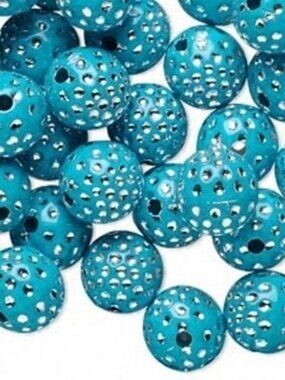Retro Turquoise & Silver Polka Dot 10mm Round Beads 20 pcs